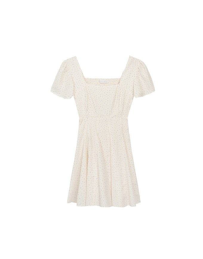 Square Neck Puff Sleeve Ditzy Floral Flare Mini Dress