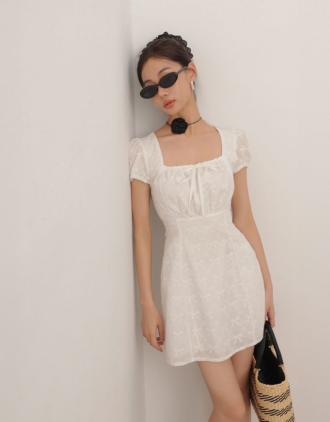 Square Neck Bow Embroidered Puff Sleeve Mini Dress