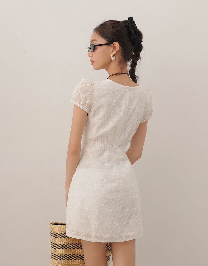 Square Neck Bow Embroidered Puff Sleeve Mini Dress