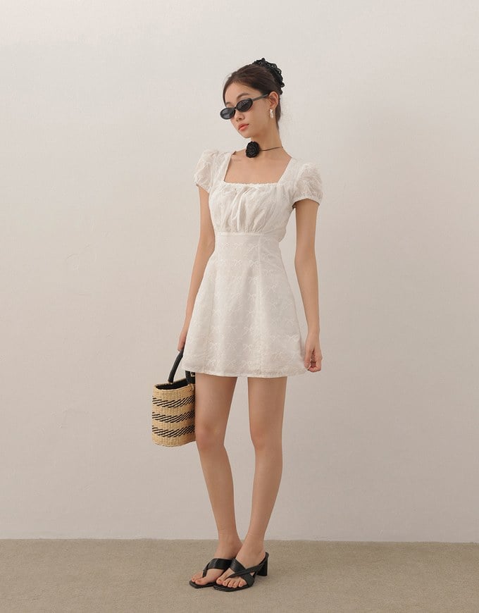 Square Neck Bow Embroidered Puff Sleeve Mini Dress