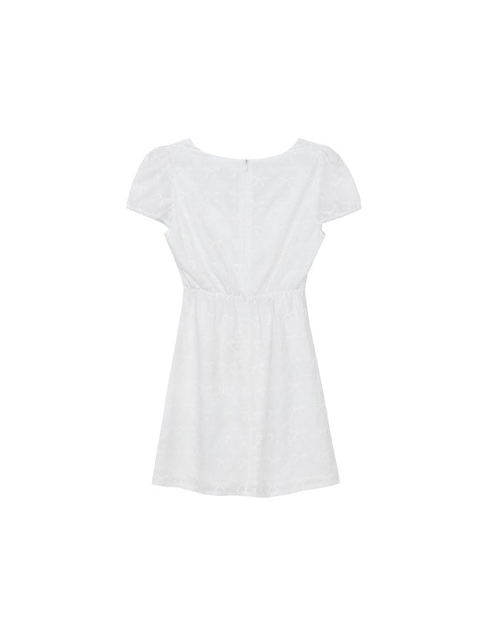 Square Neck Bow Embroidered Puff Sleeve Mini Dress