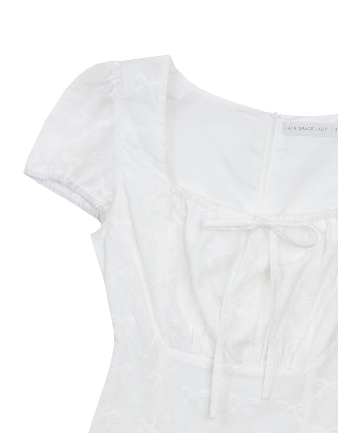Square Neck Bow Embroidered Puff Sleeve Mini Dress