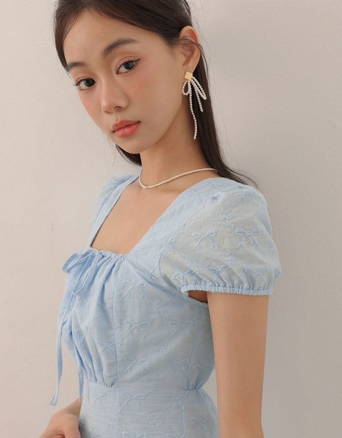 Square Neck Bow Embroidered Puff Sleeve Mini Dress