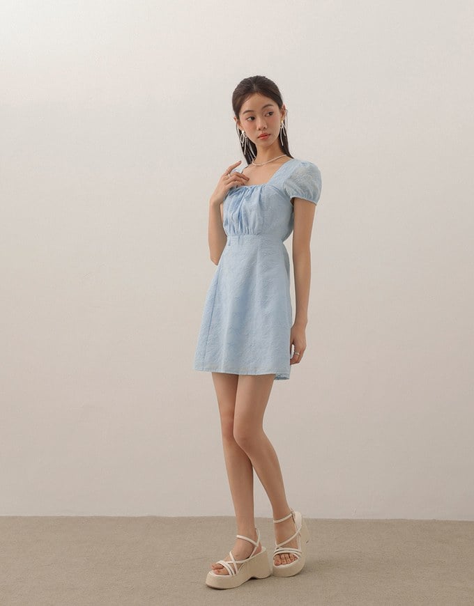 Square Neck Bow Embroidered Puff Sleeve Mini Dress
