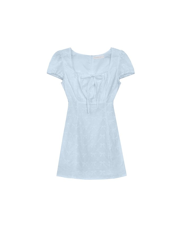 Square Neck Bow Embroidered Puff Sleeve Mini Dress