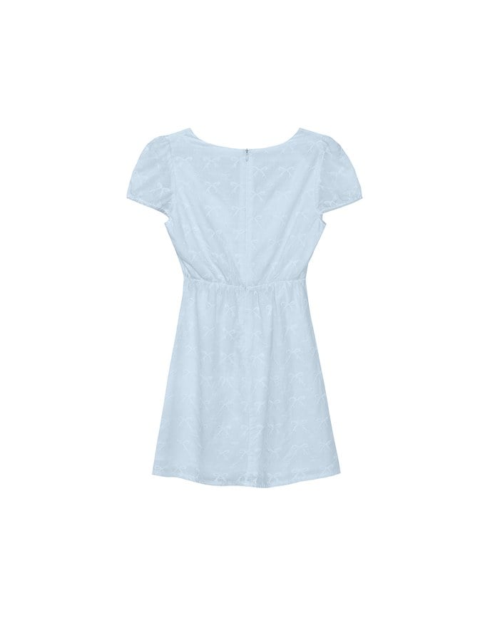 Square Neck Bow Embroidered Puff Sleeve Mini Dress