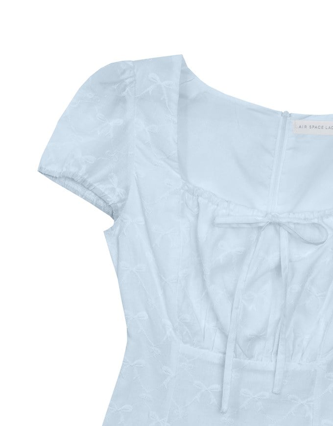 Square Neck Bow Embroidered Puff Sleeve Mini Dress