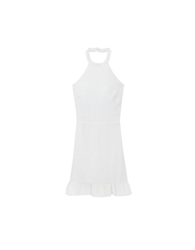 Textured Sleeveless Halter Padded Mini Dress with Ruffled Hem