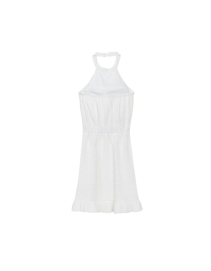 Textured Sleeveless Halter Padded Mini Dress with Ruffled Hem