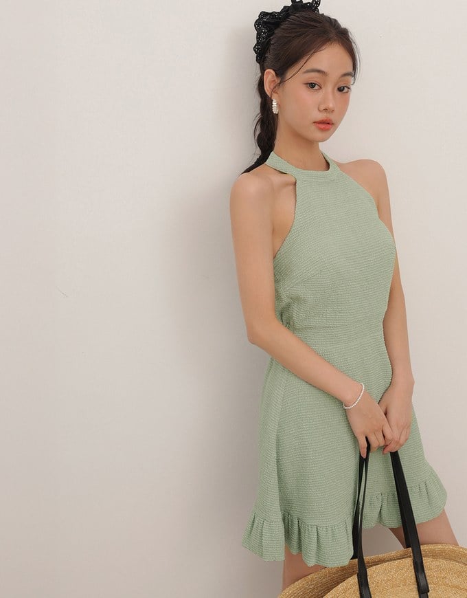Textured Sleeveless Halter Padded Mini Dress with Ruffled Hem