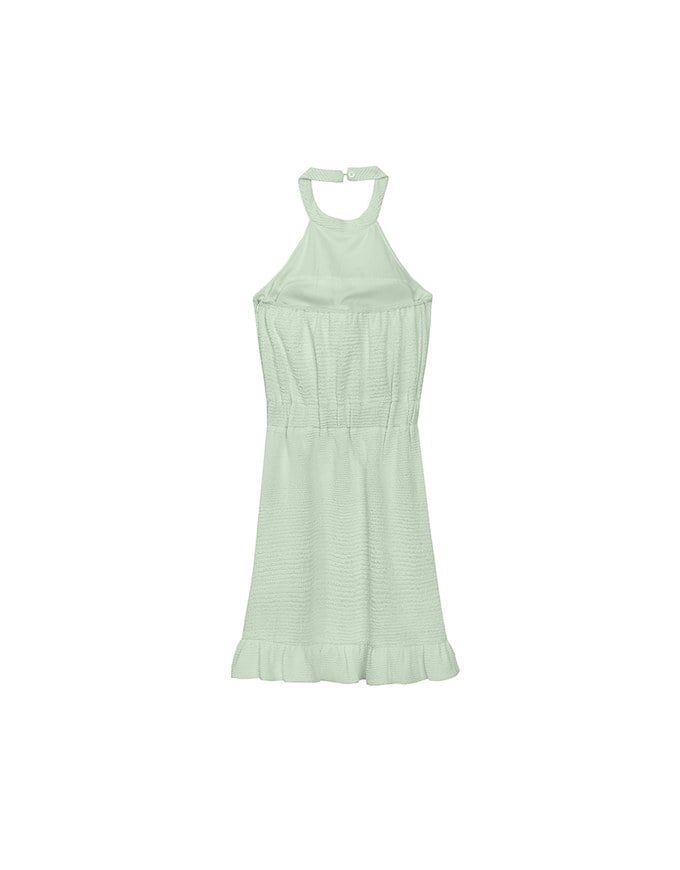 Textured Sleeveless Halter Padded Mini Dress with Ruffled Hem