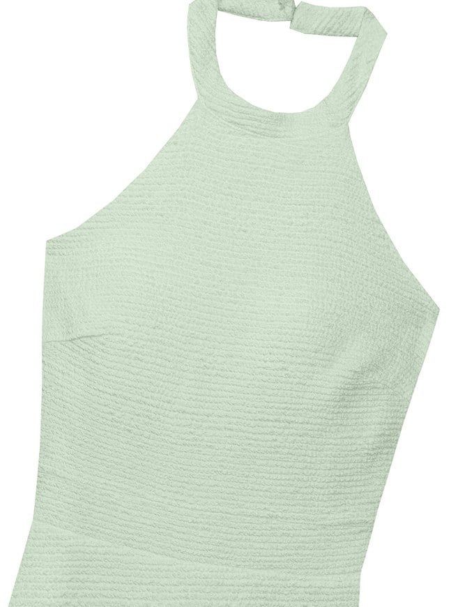 Textured Sleeveless Halter Padded Mini Dress with Ruffled Hem