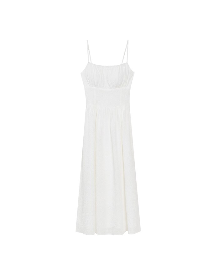 Embossed Texture Cinched Waist Padded Flowy Maxi Dress