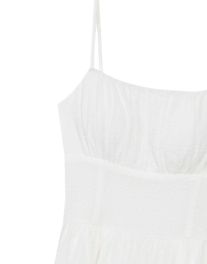 Embossed Texture Cinched Waist Padded Flowy Maxi Dress