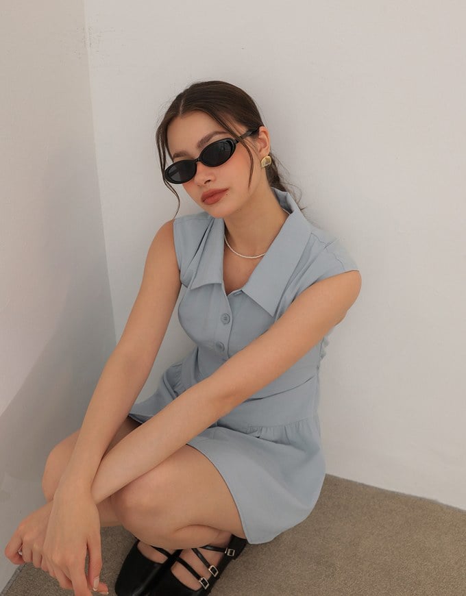 Collared Sleeveless Button Front Mini Shirt Dress