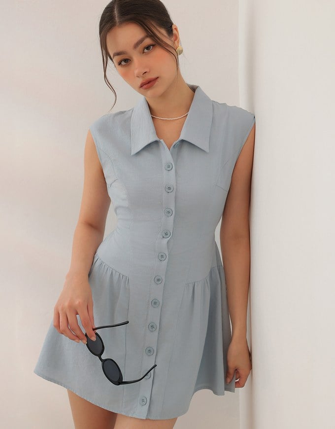Collared Sleeveless Button Front Mini Shirt Dress