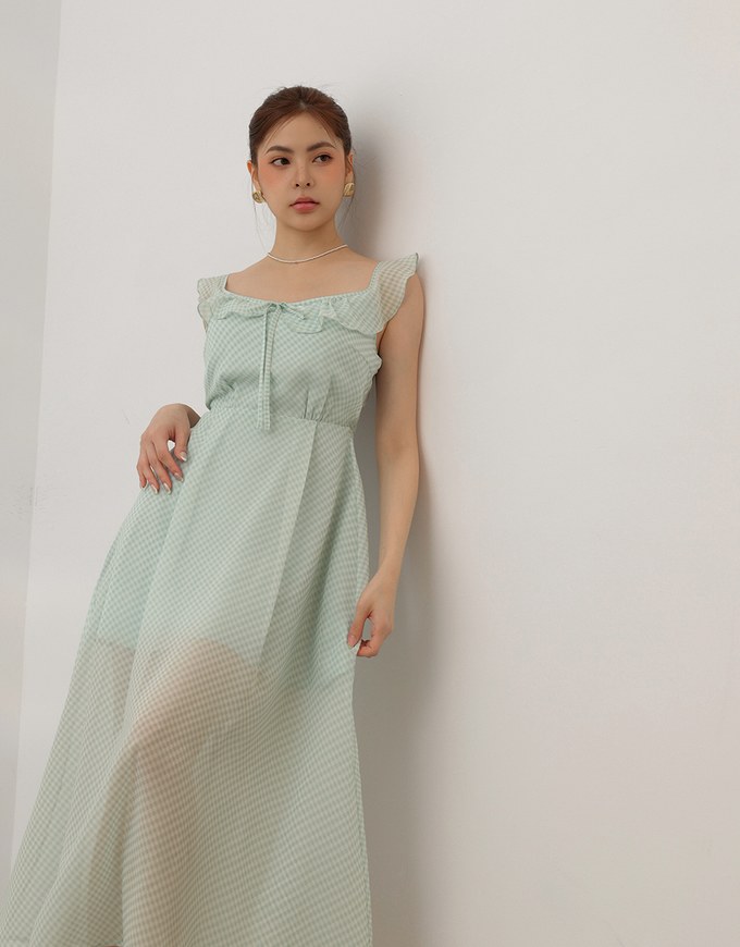 Sheer Ruffle Gingham Sleeveless Padded Maxi Dress