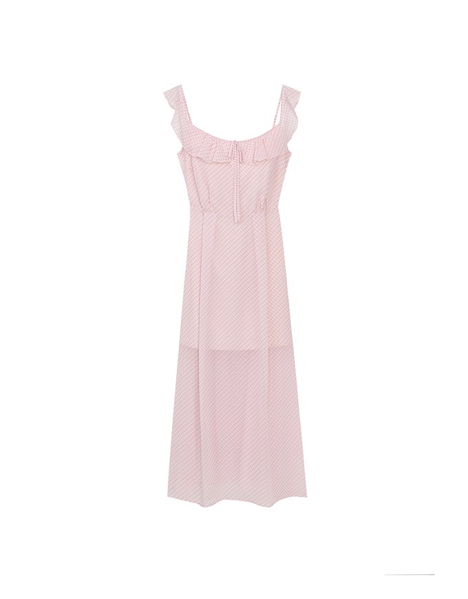 Sheer Ruffle Gingham Sleeveless Padded Maxi Dress
