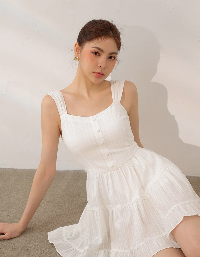 Pinstripe Texture Wide Strap Button Front Ruffle Tiered Mini Dress