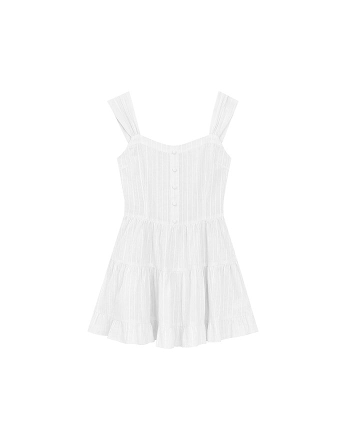 Pinstripe Texture Wide Strap Button Front Ruffle Tiered Mini Dress