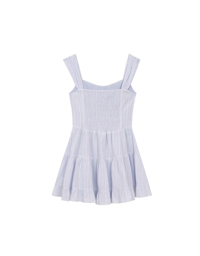 Pinstripe Texture Wide Strap Button Front Ruffle Tiered Mini Dress