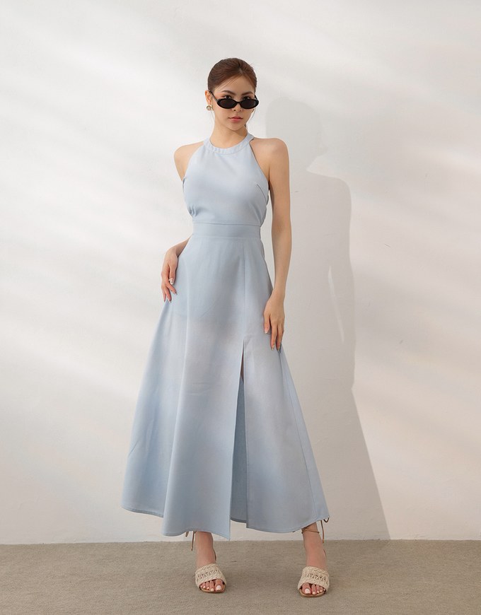 Beaded Back Tie Halterneck Padded Maxi Dress