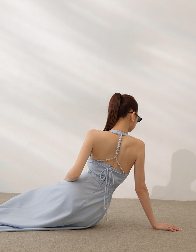 Beaded Back Tie Halterneck Padded Maxi Dress