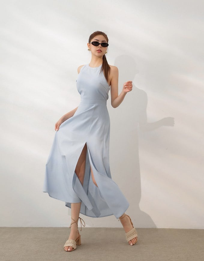 Beaded Back Tie Halterneck Padded Maxi Dress