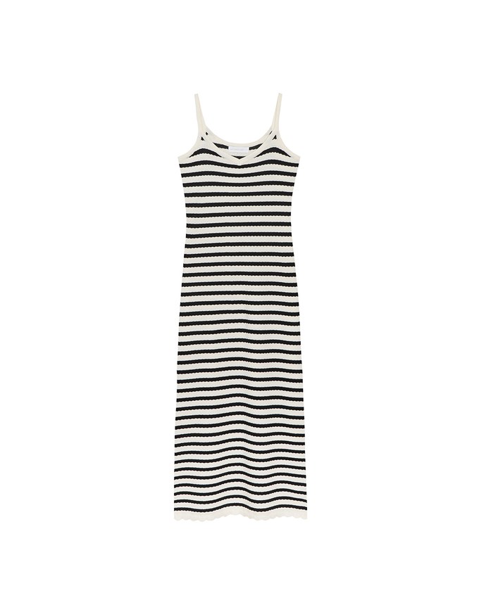 Contrast Trim V Neck Striped Knit Cami Fitted Maxi Dress