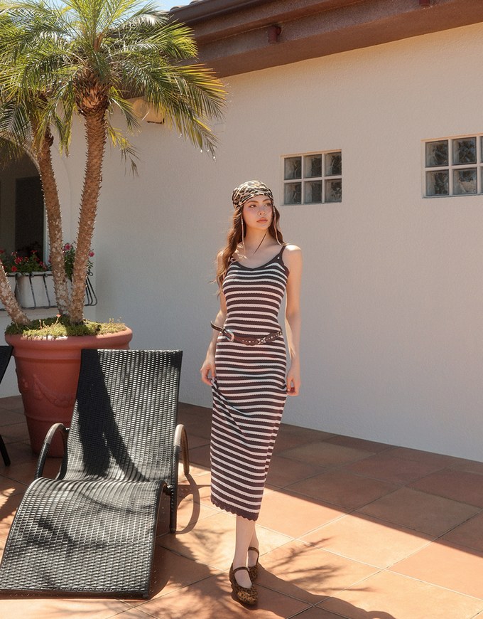 Contrast Trim V Neck Striped Knit Cami Fitted Maxi Dress
