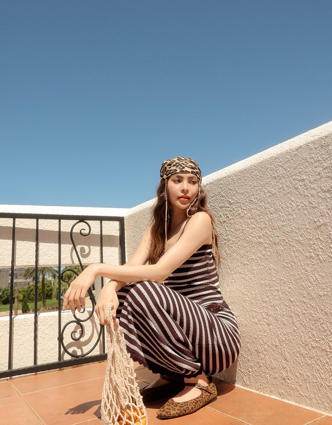 Contrast Trim V Neck Striped Knit Cami Fitted Maxi Dress