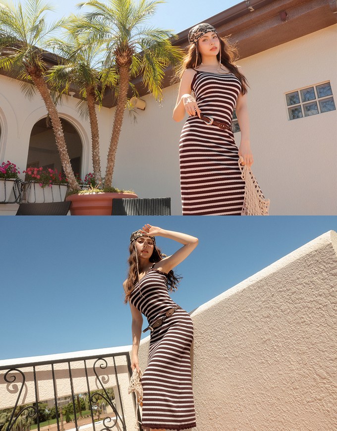 Contrast Trim V Neck Striped Knit Cami Fitted Maxi Dress