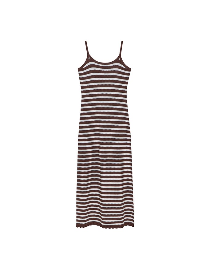 Contrast Trim V Neck Striped Knit Cami Fitted Maxi Dress