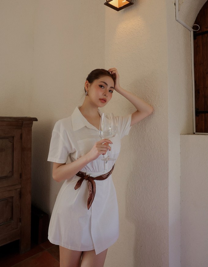 Short Sleeve Snap Button Shirt Collar Mini Dress