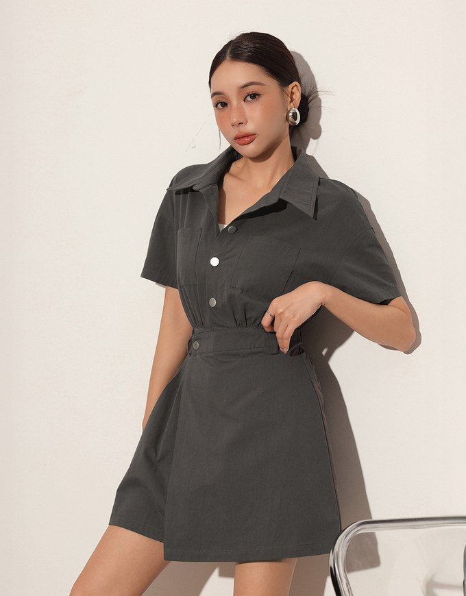 Short Sleeve Snap Button Shirt Collar Mini Dress