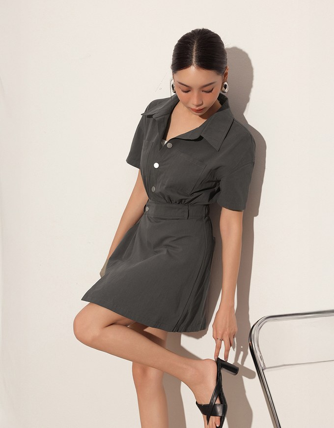 Short Sleeve Snap Button Shirt Collar Mini Dress