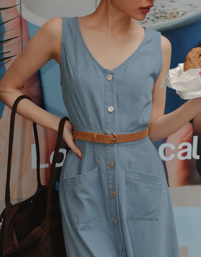 Sleeveless Button Front Maxi Dress with Pockets