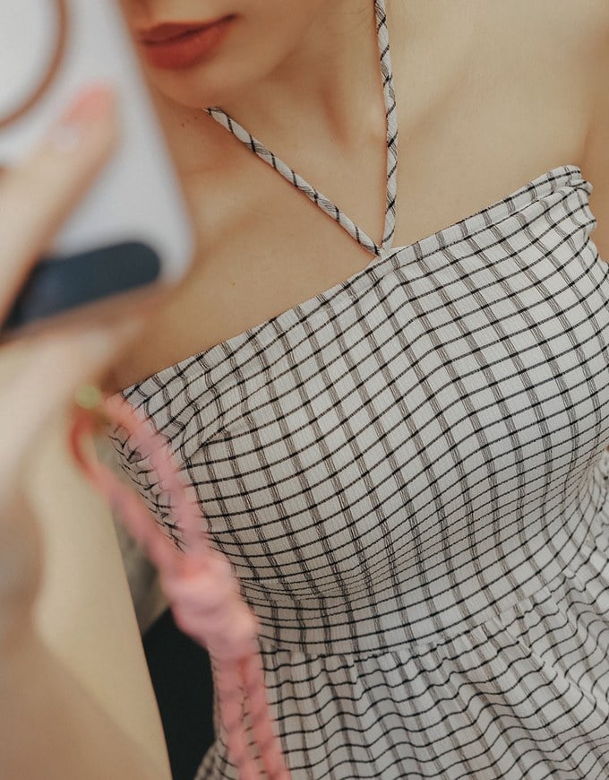 2 Way Halter Tie Gingham Padded Mini Dress with Ruffle Trim