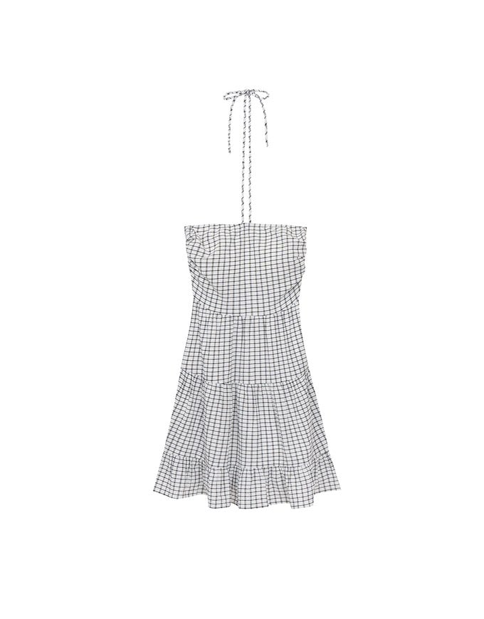 2 Way Halter Tie Gingham Padded Mini Dress with Ruffle Trim