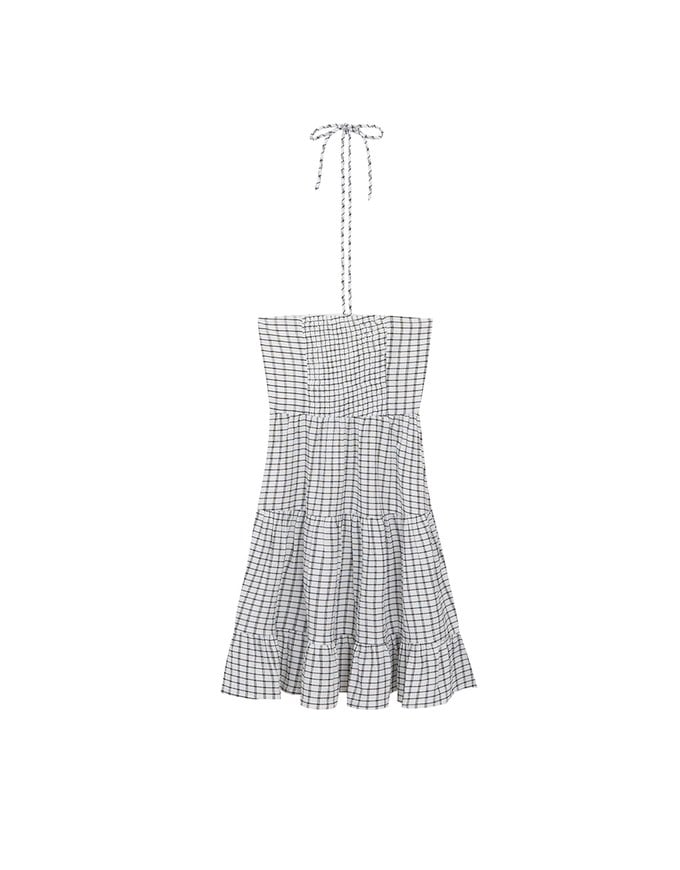 2 Way Halter Tie Gingham Padded Mini Dress with Ruffle Trim