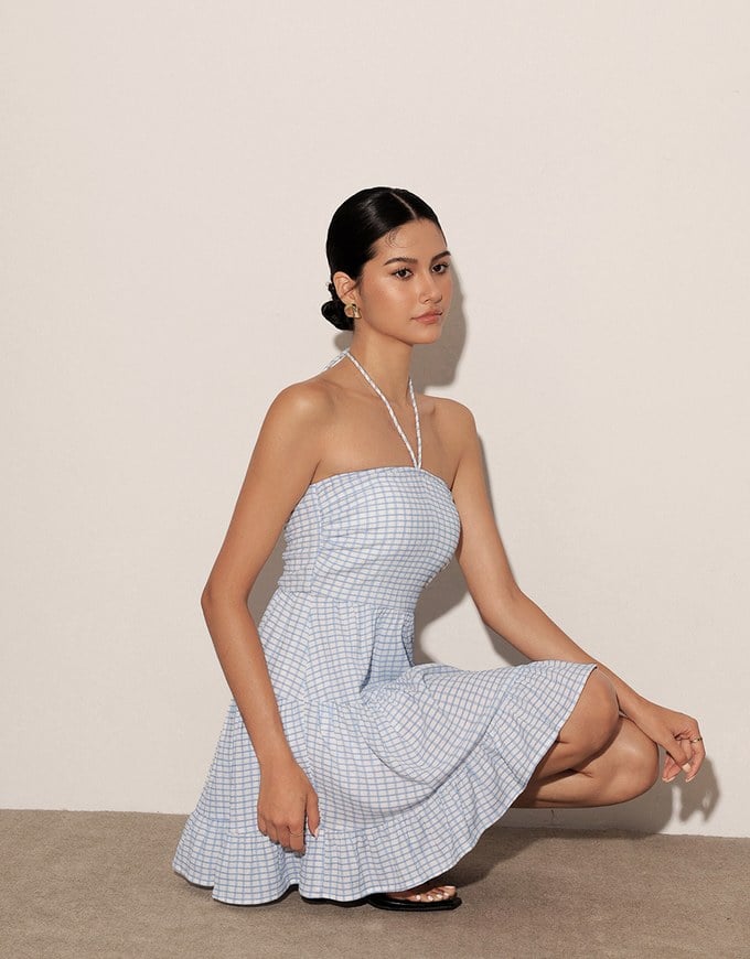2 Way Halter Tie Gingham Padded Mini Dress with Ruffle Trim