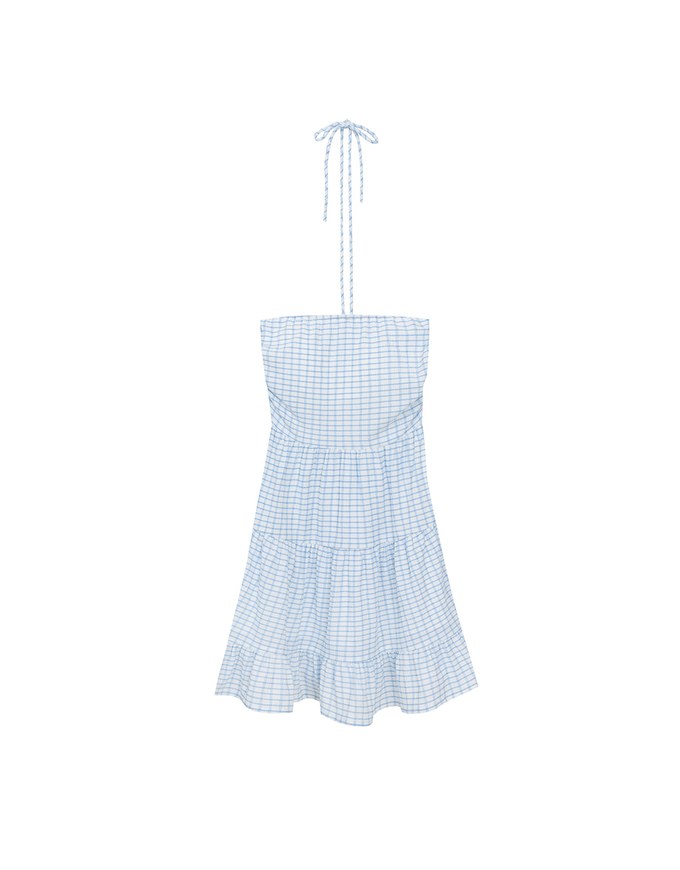 2 Way Halter Tie Gingham Padded Mini Dress with Ruffle Trim