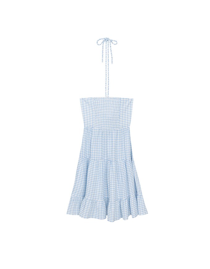 2 Way Halter Tie Gingham Padded Mini Dress with Ruffle Trim
