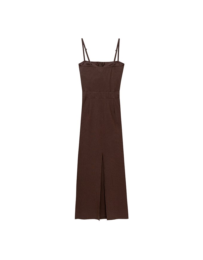 Buttoned Ribbed Knit Bodycon Padded Cami Maxi Dress