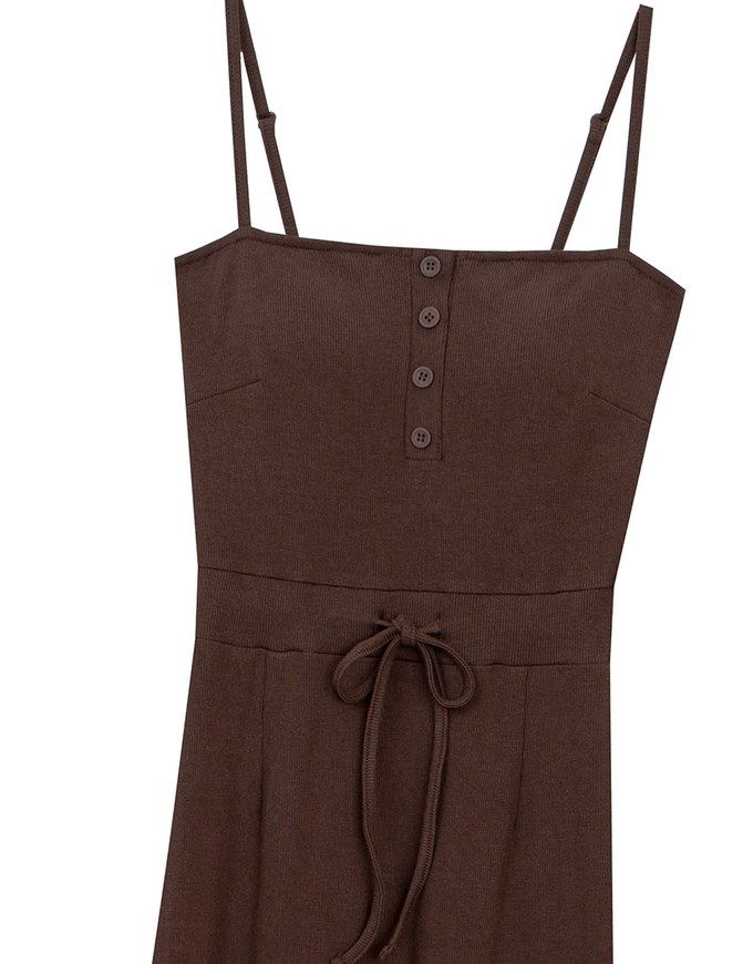 Buttoned Ribbed Knit Bodycon Padded Cami Maxi Dress