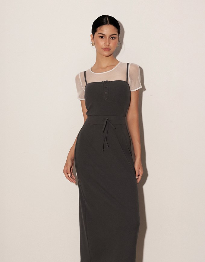 Buttoned Ribbed Knit Bodycon Padded Cami Maxi Dress