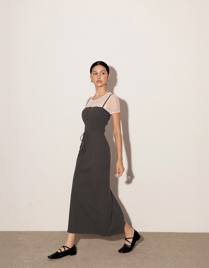 Buttoned Ribbed Knit Bodycon Padded Cami Maxi Dress