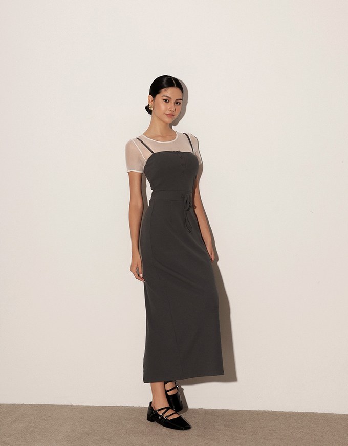 Buttoned Ribbed Knit Bodycon Padded Cami Maxi Dress