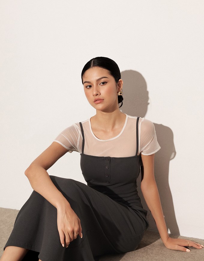 Buttoned Ribbed Knit Bodycon Padded Cami Maxi Dress