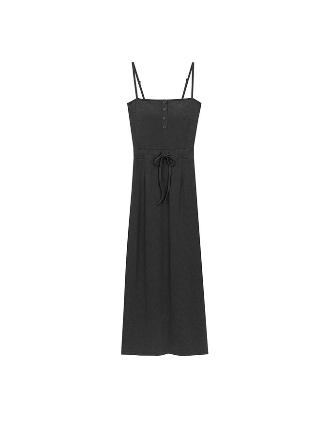 Buttoned Ribbed Knit Bodycon Padded Cami Maxi Dress